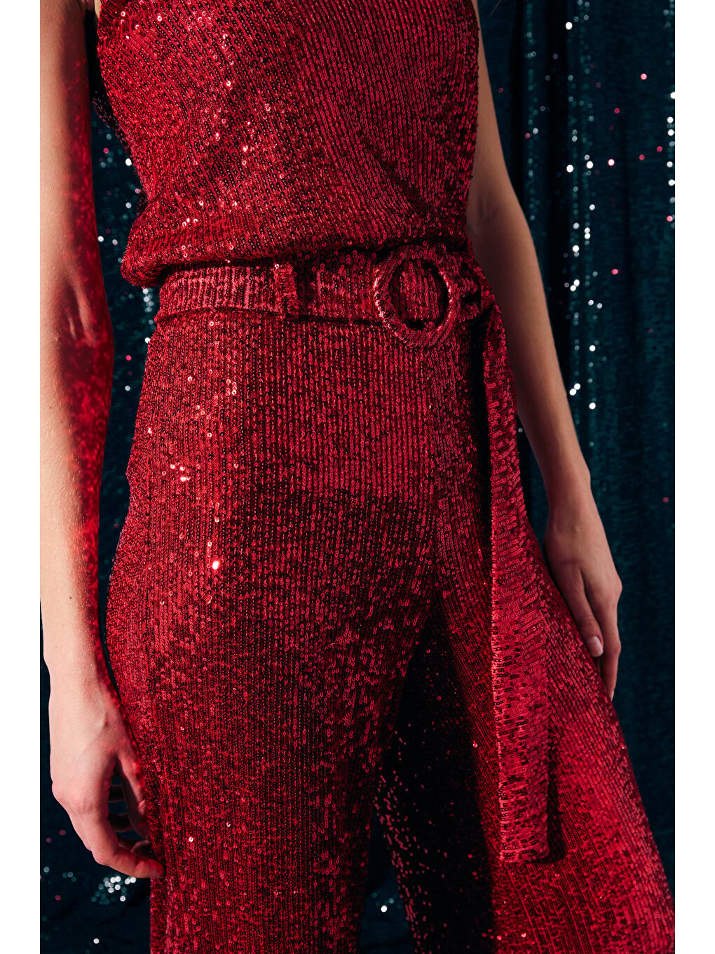 Kemerli Payet Pantolon - Kırmızı-4