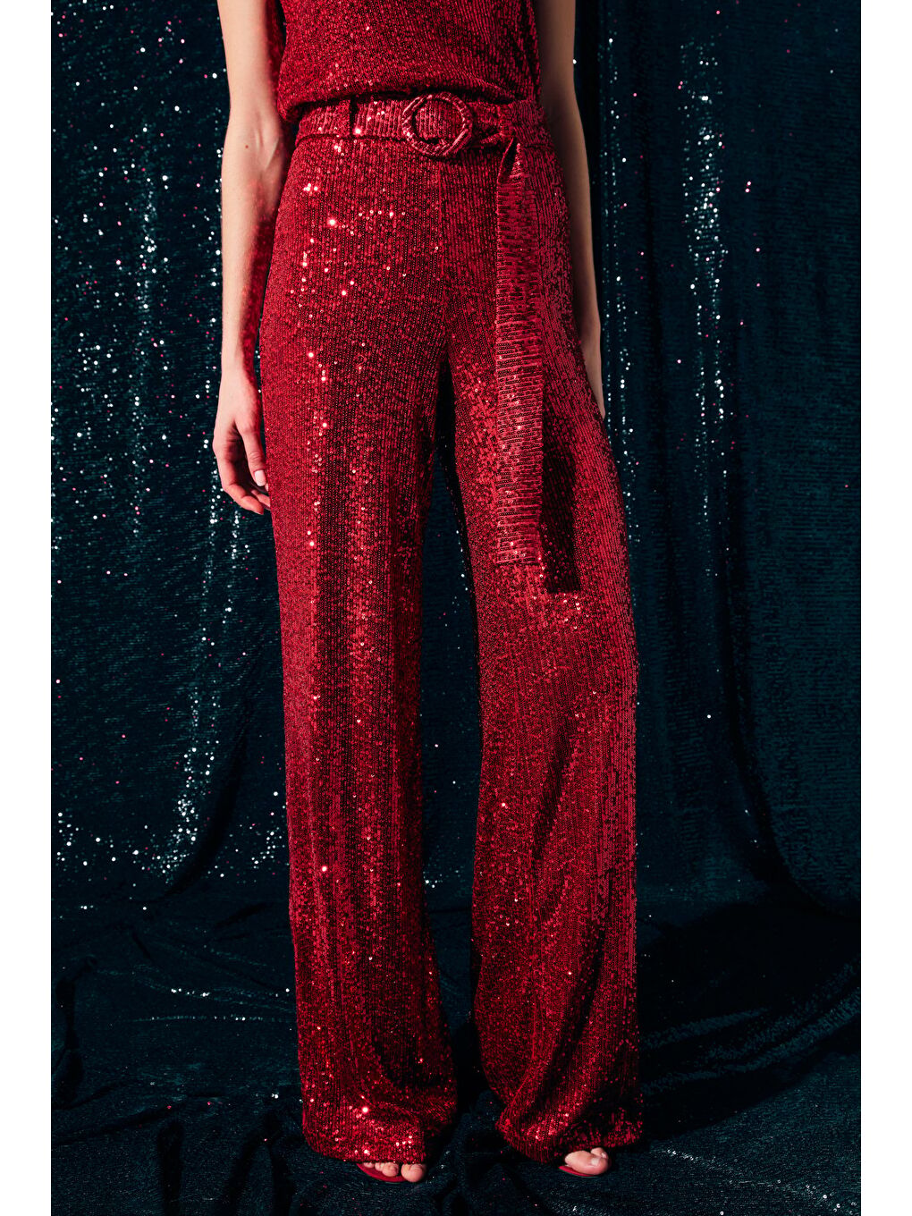 Kemerli Payet Pantolon - Kırmızı-5