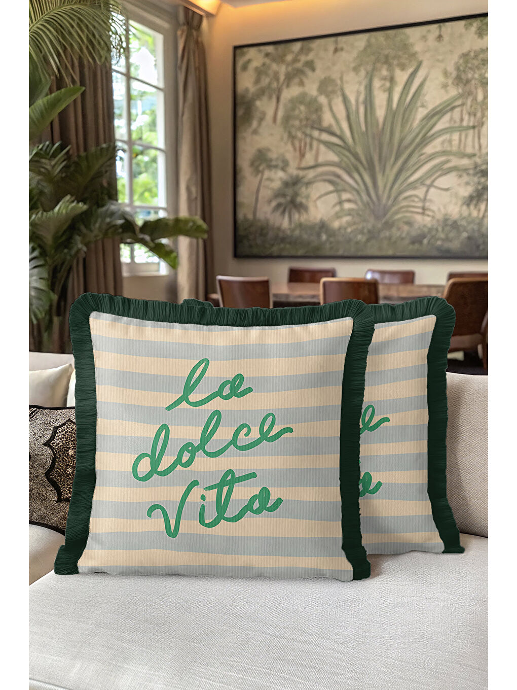 Karışık İtalyan Şıklığı Saçaklı Yastık Kılıfı - Çizgili Bohem Yeşil Krem Püsküllü Kırlent Kılıfı-5