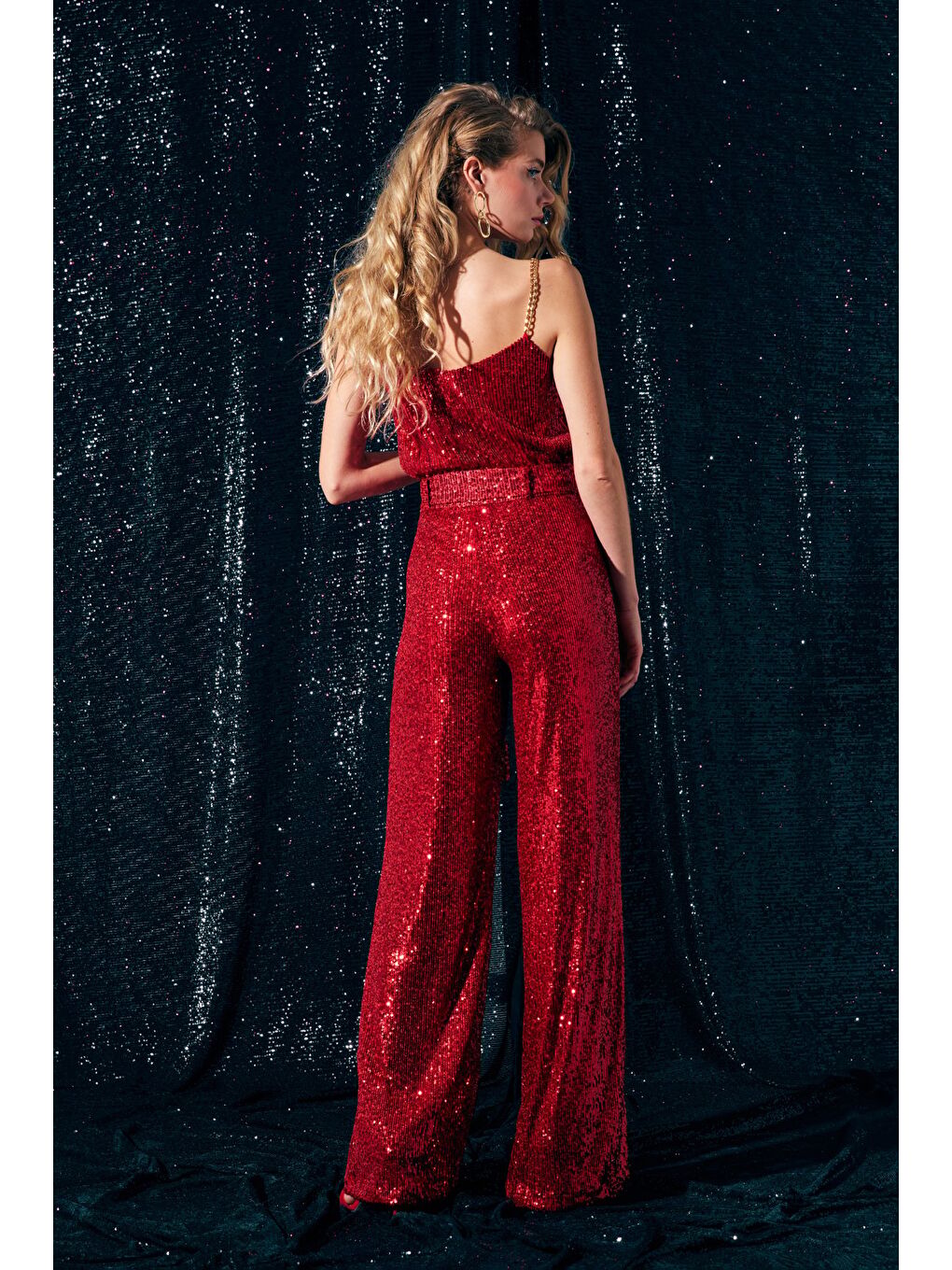 Kemerli Payet Pantolon - Kırmızı-6