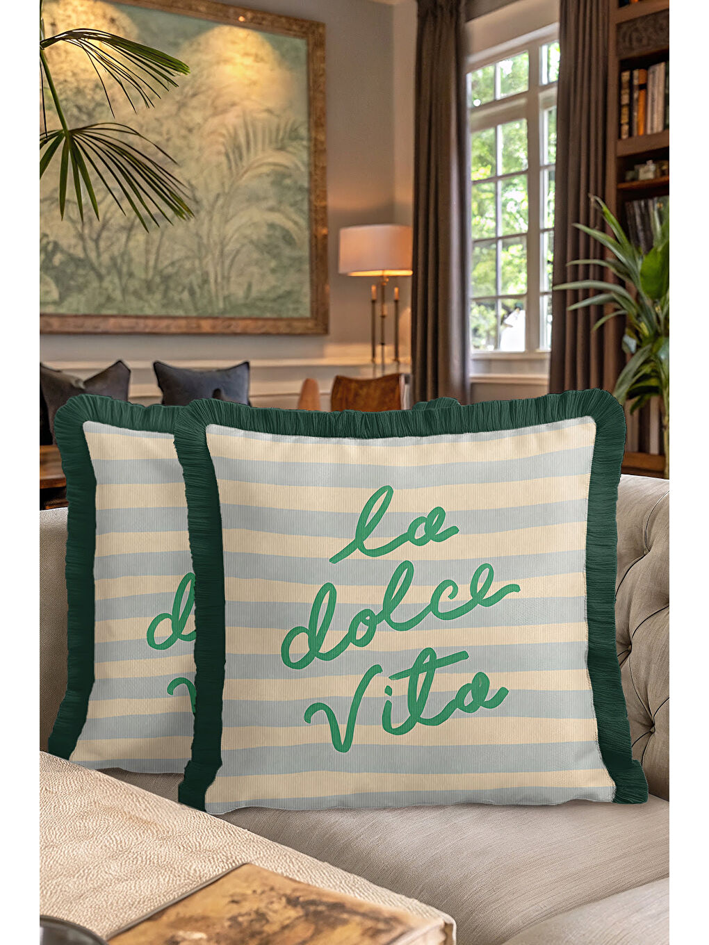 Karışık İtalyan Şıklığı Saçaklı Yastık Kılıfı - Çizgili Bohem Yeşil Krem Püsküllü Kırlent Kılıfı-7