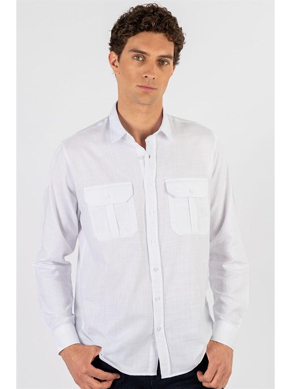 Klasik Fit Çift Çep Keten Pamuk Erkek Beyaz Gömlek