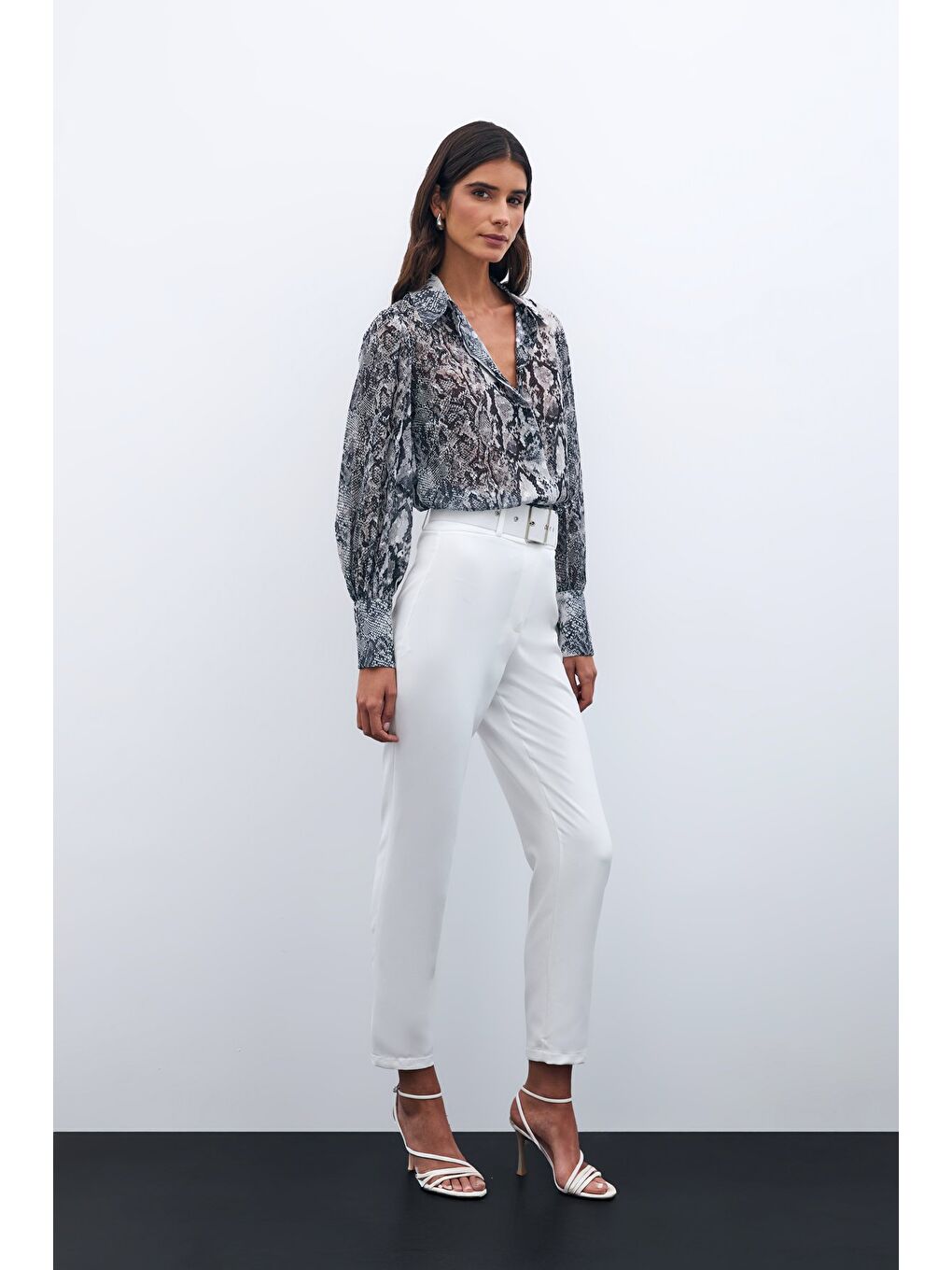 Yüksek Bel Kemerli Pantolon - Ekru-1