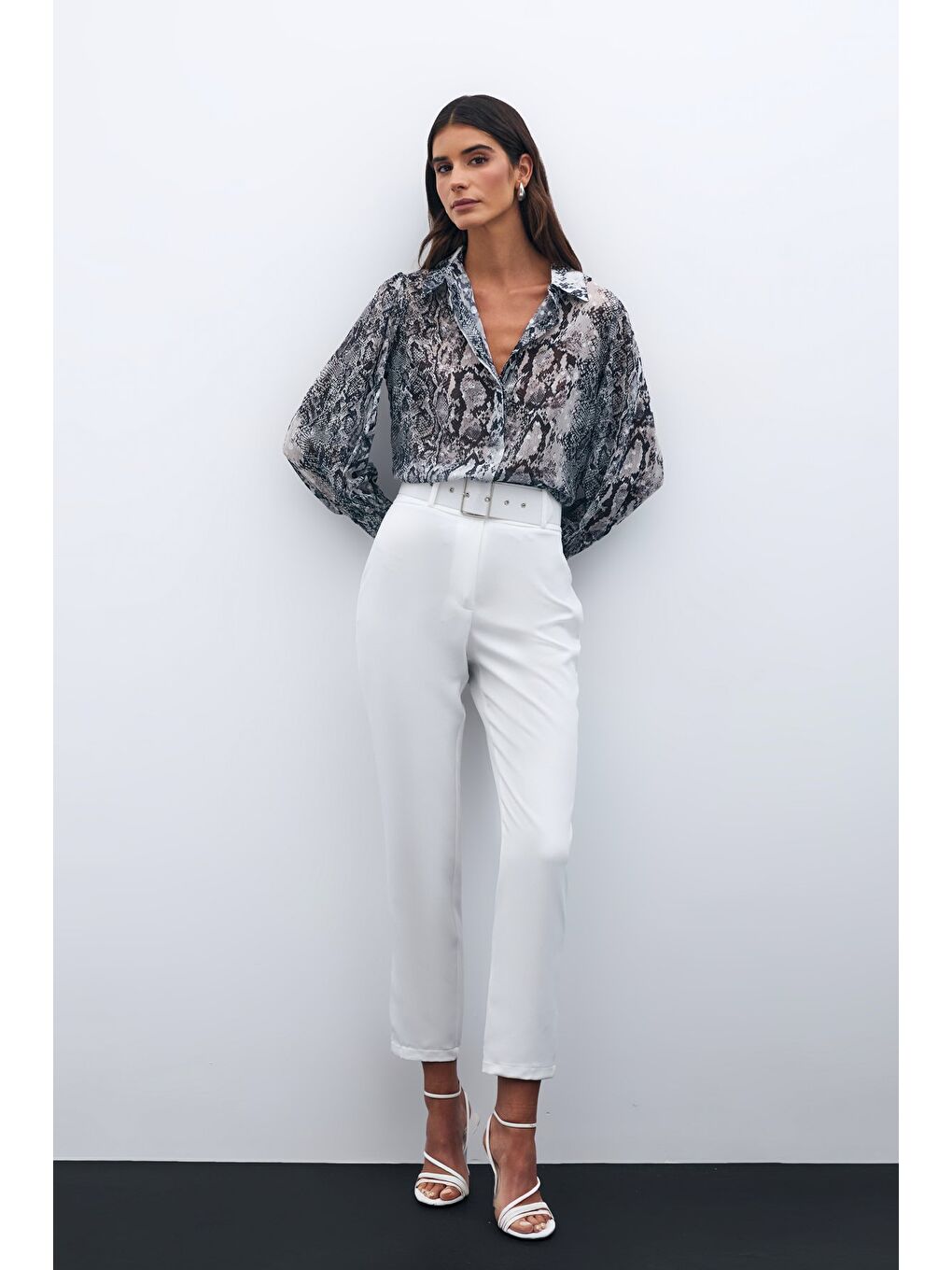 Yüksek Bel Kemerli Pantolon - Ekru-2