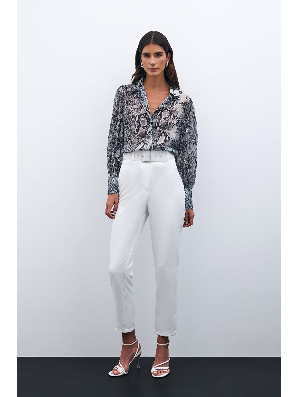 Yüksek Bel Kemerli Pantolon - Ekru-3