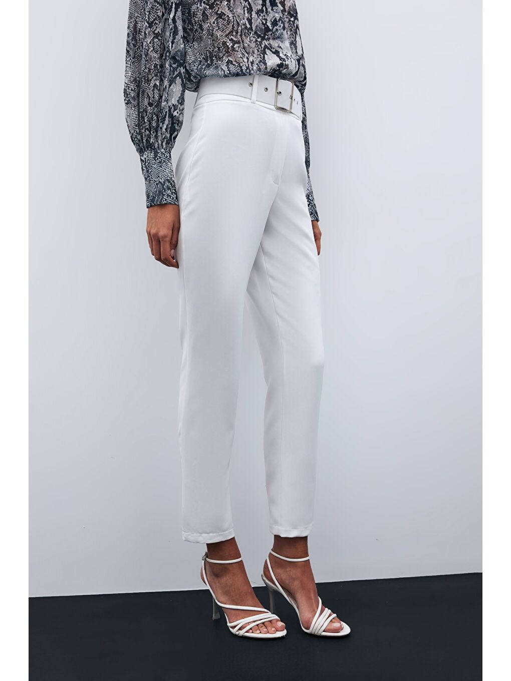 Yüksek Bel Kemerli Pantolon - Ekru-4