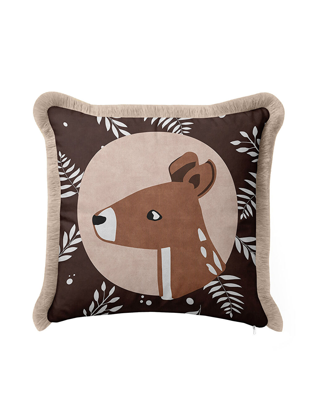 Karışık Bambi Figürlü Saçaklı Yastık Kılıfı - Geyikli Doğal Bohem Kahverengi Bej Püsküllü Kırlent Kılıfı-1