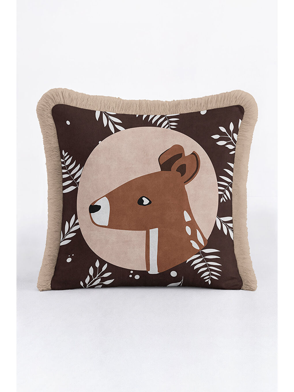 Karışık Bambi Figürlü Saçaklı Yastık Kılıfı - Geyikli Doğal Bohem Kahverengi Bej Püsküllü Kırlent Kılıfı-2