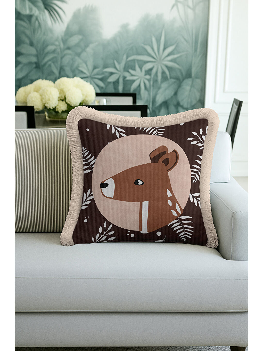 Karışık Bambi Figürlü Saçaklı Yastık Kılıfı - Geyikli Doğal Bohem Kahverengi Bej Püsküllü Kırlent Kılıfı-4