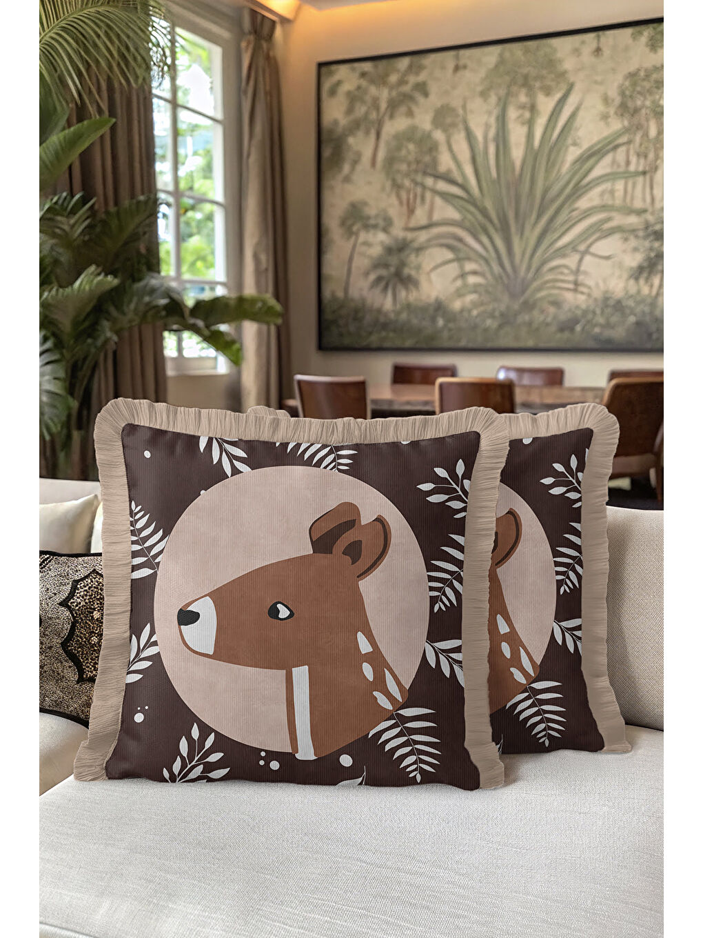 Karışık Bambi Figürlü Saçaklı Yastık Kılıfı - Geyikli Doğal Bohem Kahverengi Bej Püsküllü Kırlent Kılıfı-5