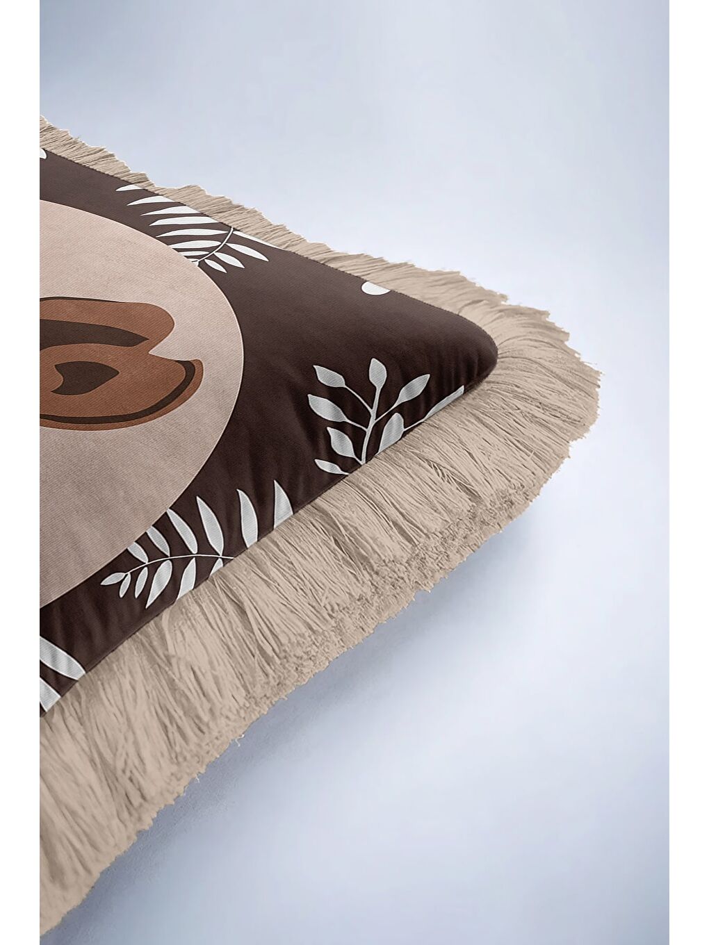 Karışık Bambi Figürlü Saçaklı Yastık Kılıfı - Geyikli Doğal Bohem Kahverengi Bej Püsküllü Kırlent Kılıfı-6