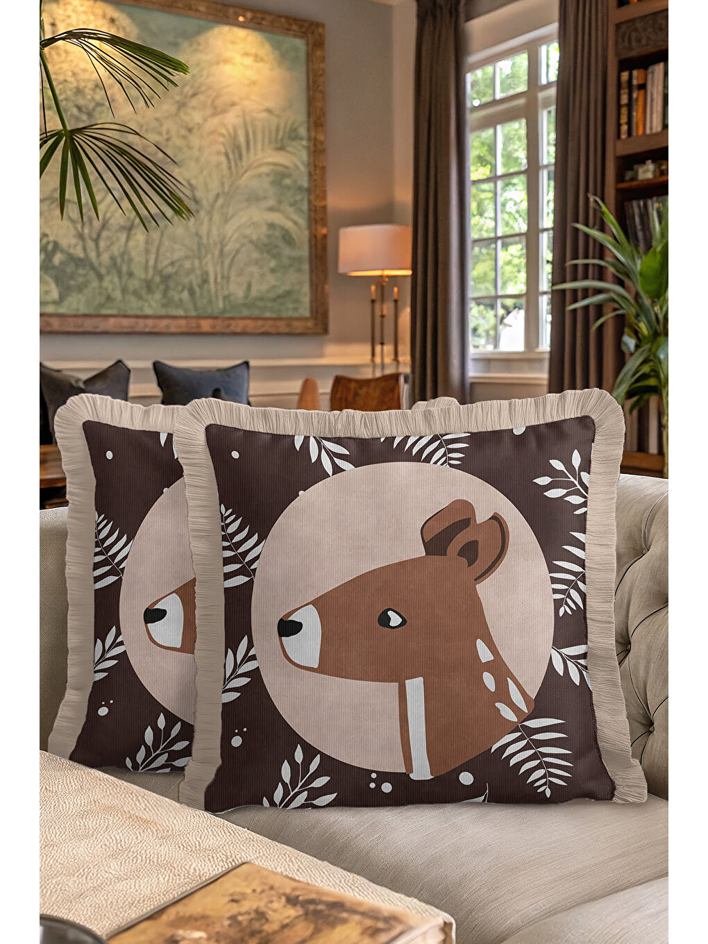 Karışık Bambi Figürlü Saçaklı Yastık Kılıfı - Geyikli Doğal Bohem Kahverengi Bej Püsküllü Kırlent Kılıfı-7