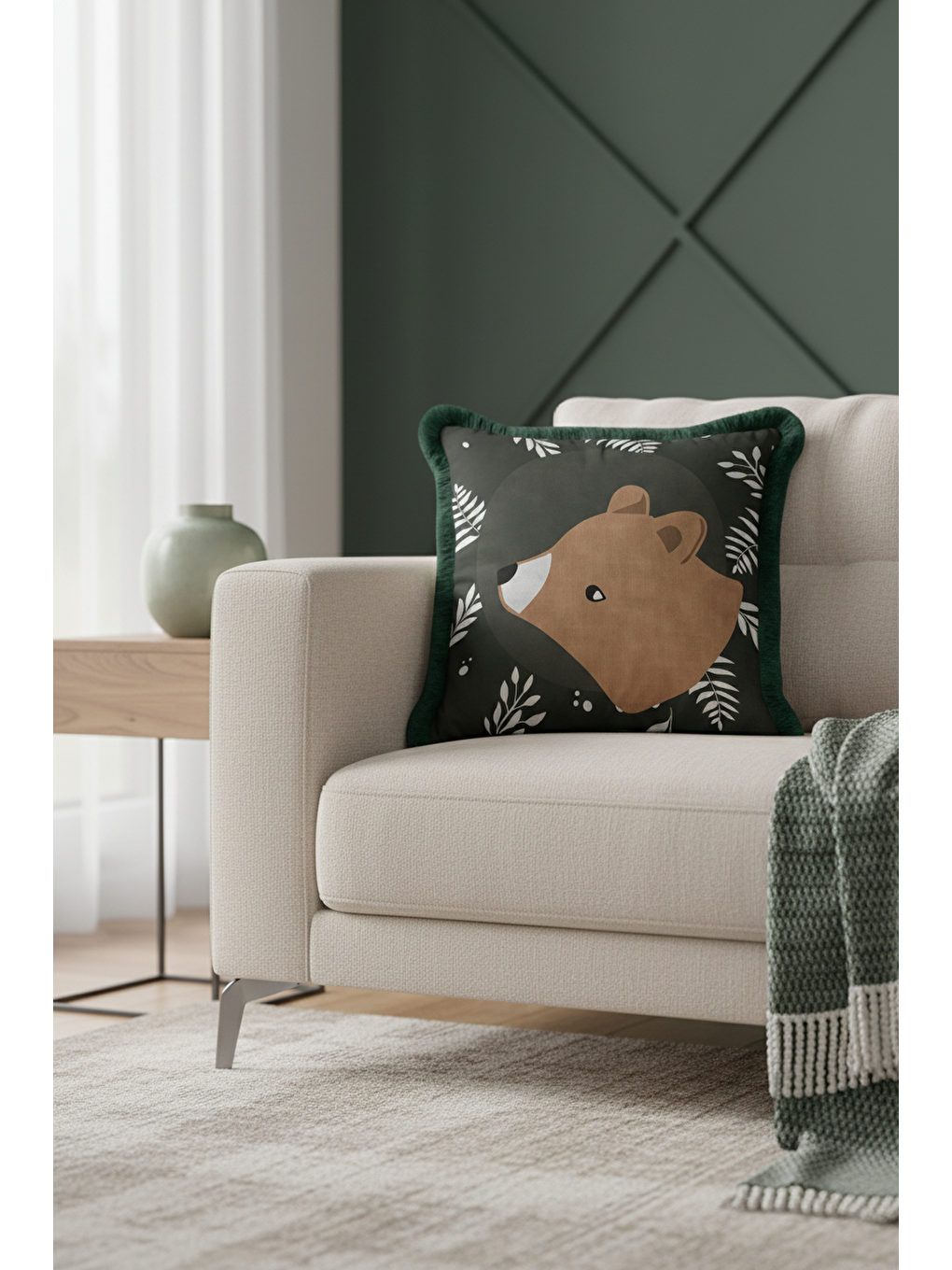 Karışık Doğal Orman Temalı Saçaklı Yastık Kılıfı - Çocuk Odası Bohem Koyu Yeşil Püsküllü Kırlent Kılıfı-1