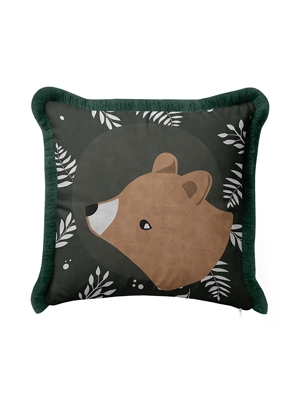 Karışık Doğal Orman Temalı Saçaklı Yastık Kılıfı - Çocuk Odası Bohem Koyu Yeşil Püsküllü Kırlent Kılıfı-2