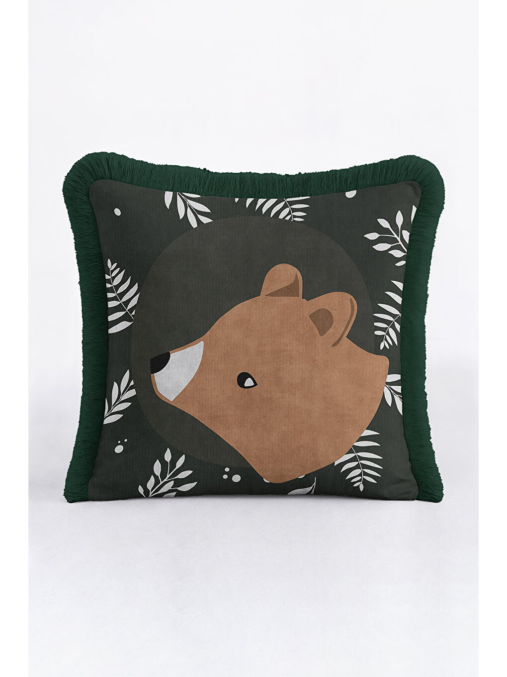 Karışık Doğal Orman Temalı Saçaklı Yastık Kılıfı - Çocuk Odası Bohem Koyu Yeşil Püsküllü Kırlent Kılıfı-3