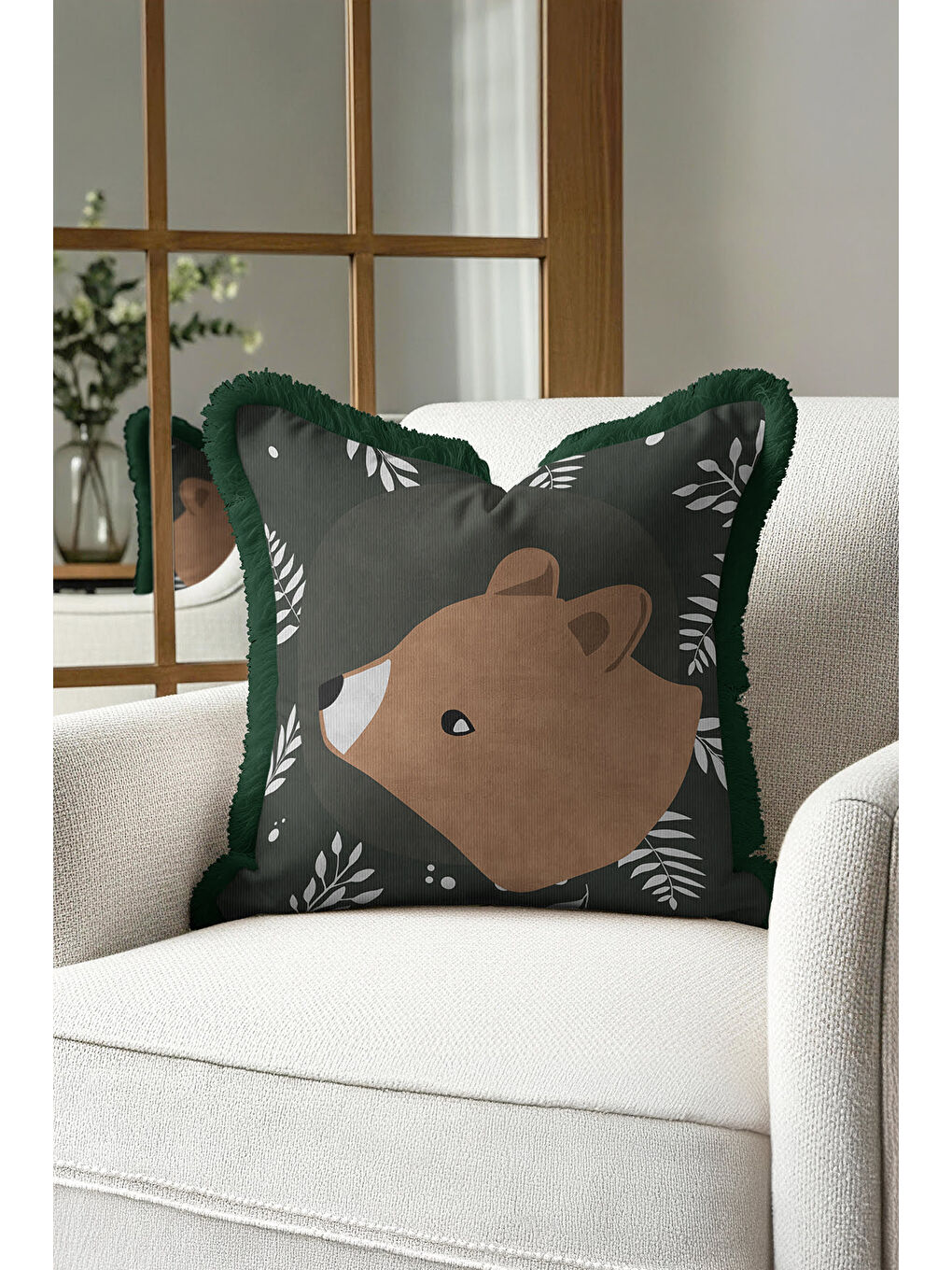 Karışık Doğal Orman Temalı Saçaklı Yastık Kılıfı - Çocuk Odası Bohem Koyu Yeşil Püsküllü Kırlent Kılıfı-4