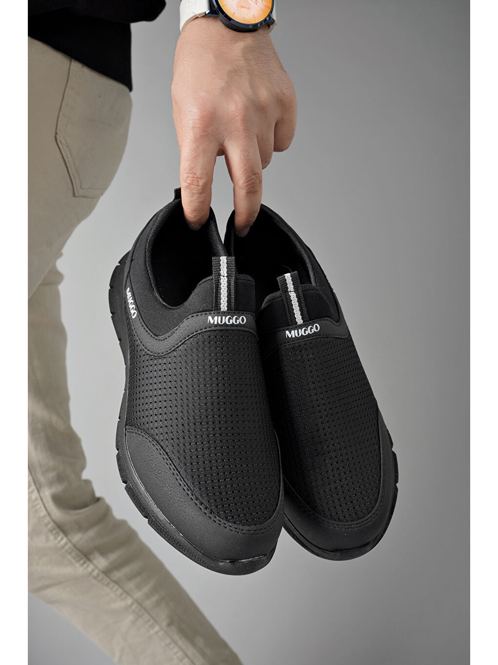 Siyah PODGO Unisex Ortopedik Bağcıksız Nefes Alabilen Hafif Yürüyüş Sneaker Spor Ayakkabı-4