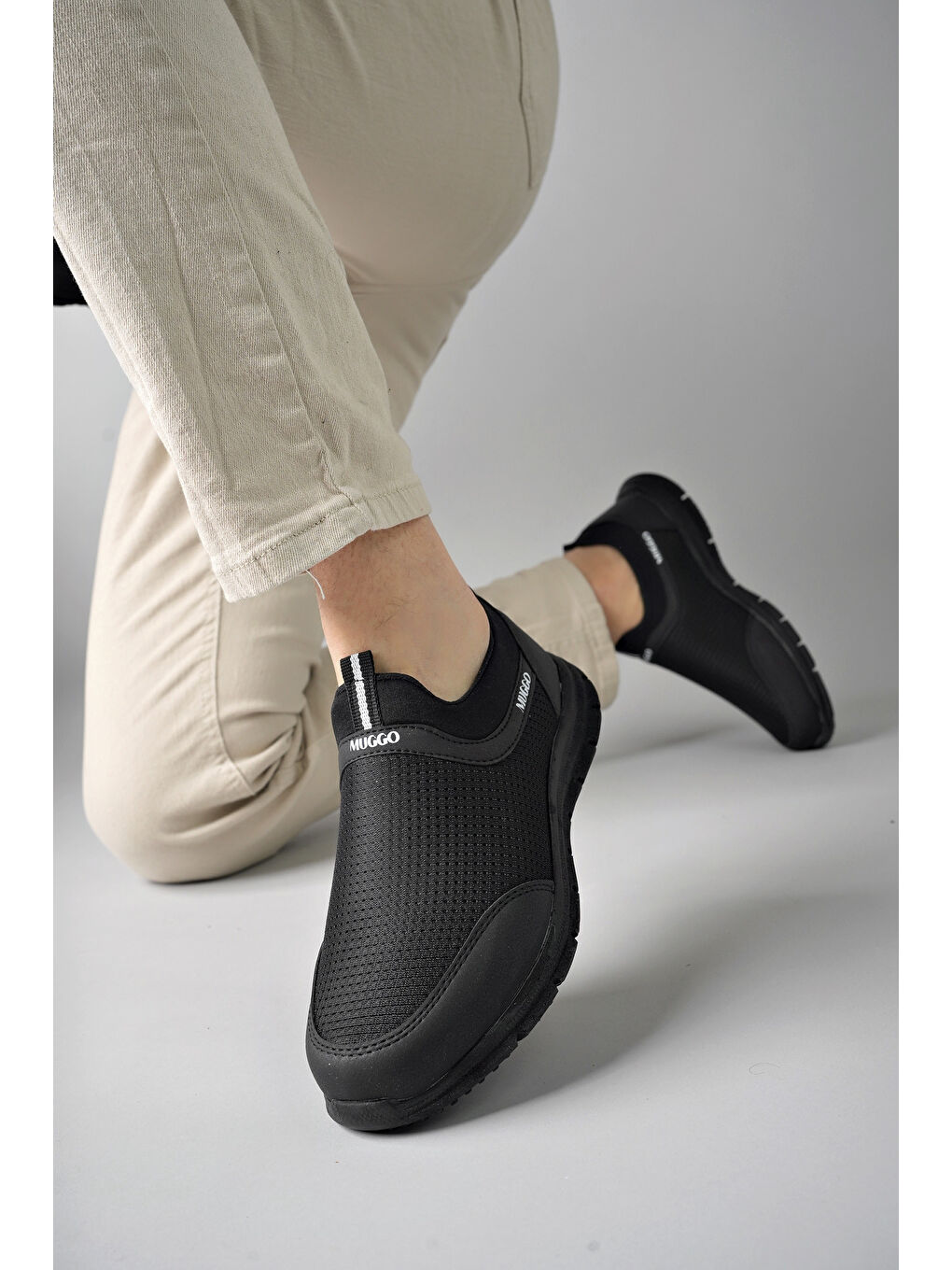 Siyah PODGO Unisex Ortopedik Bağcıksız Nefes Alabilen Hafif Yürüyüş Sneaker Spor Ayakkabı-5