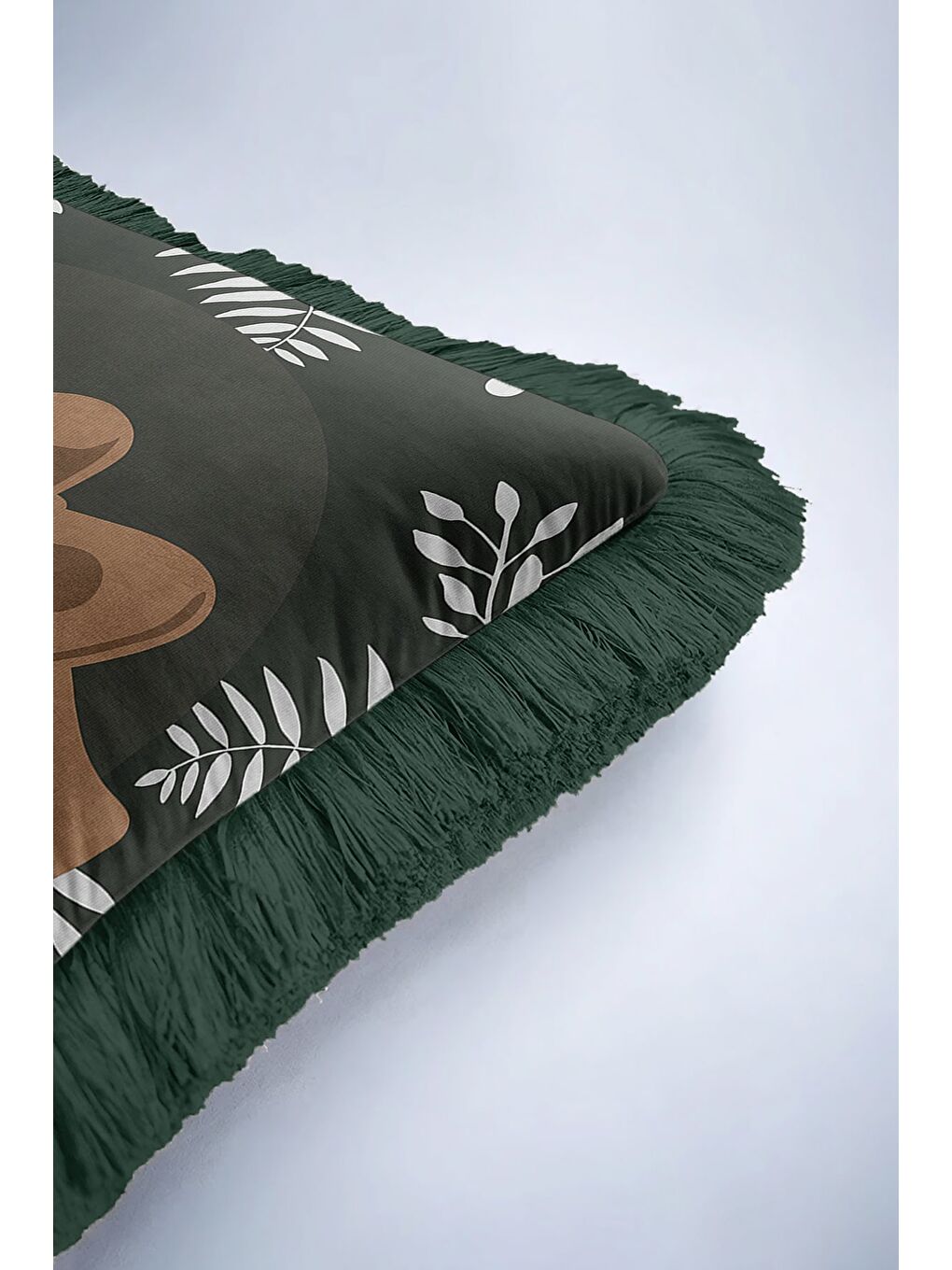 Karışık Doğal Orman Temalı Saçaklı Yastık Kılıfı - Çocuk Odası Bohem Koyu Yeşil Püsküllü Kırlent Kılıfı-6