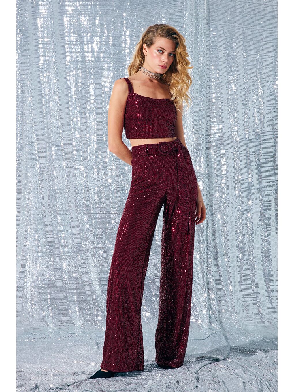 Kemerli Payet Pantolon - Bordo