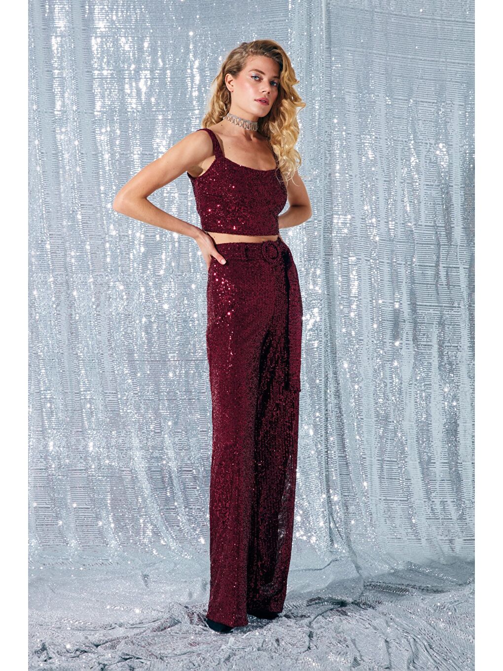 Kemerli Payet Pantolon - Bordo-2