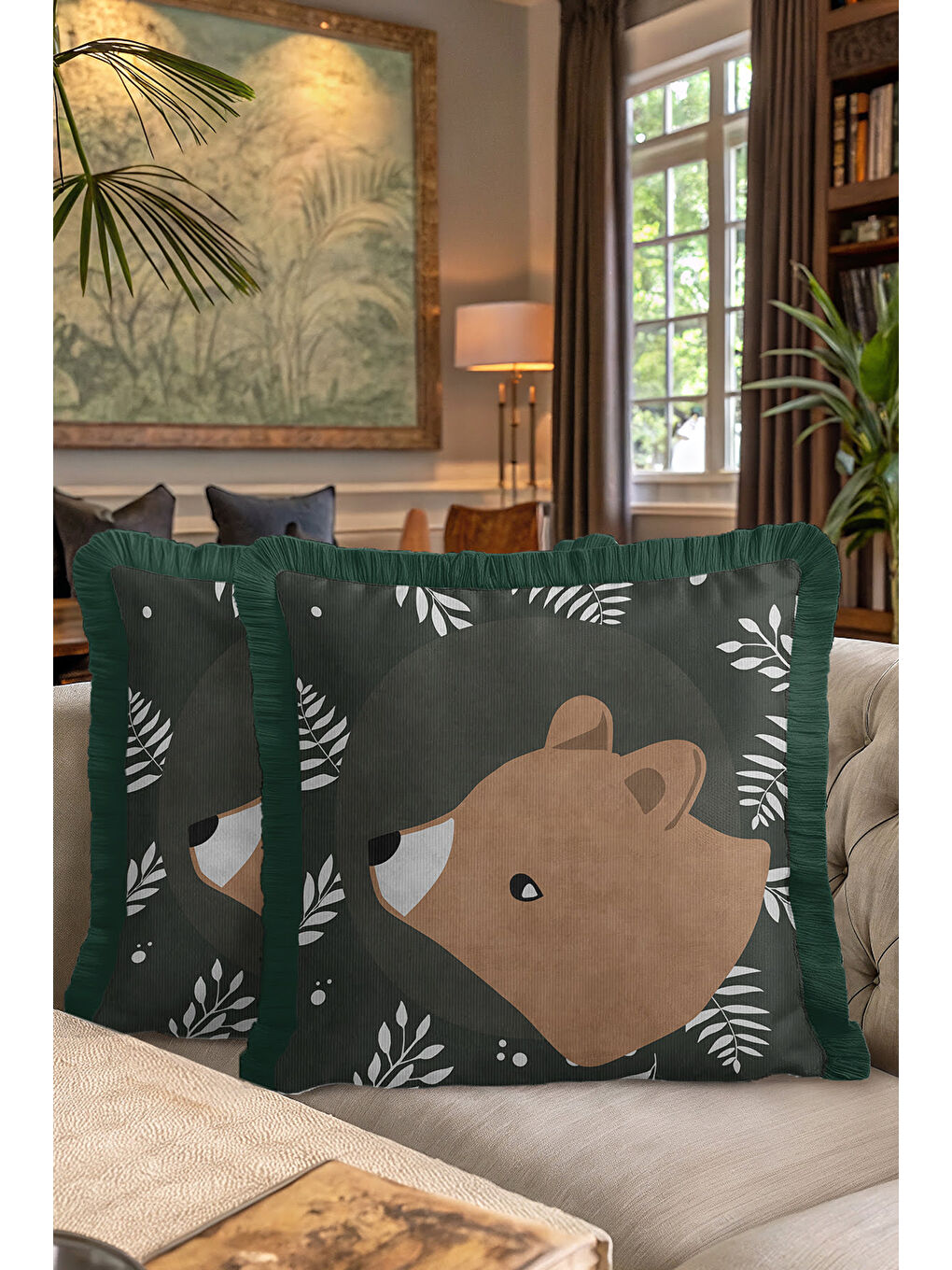 Karışık Doğal Orman Temalı Saçaklı Yastık Kılıfı - Çocuk Odası Bohem Koyu Yeşil Püsküllü Kırlent Kılıfı-7