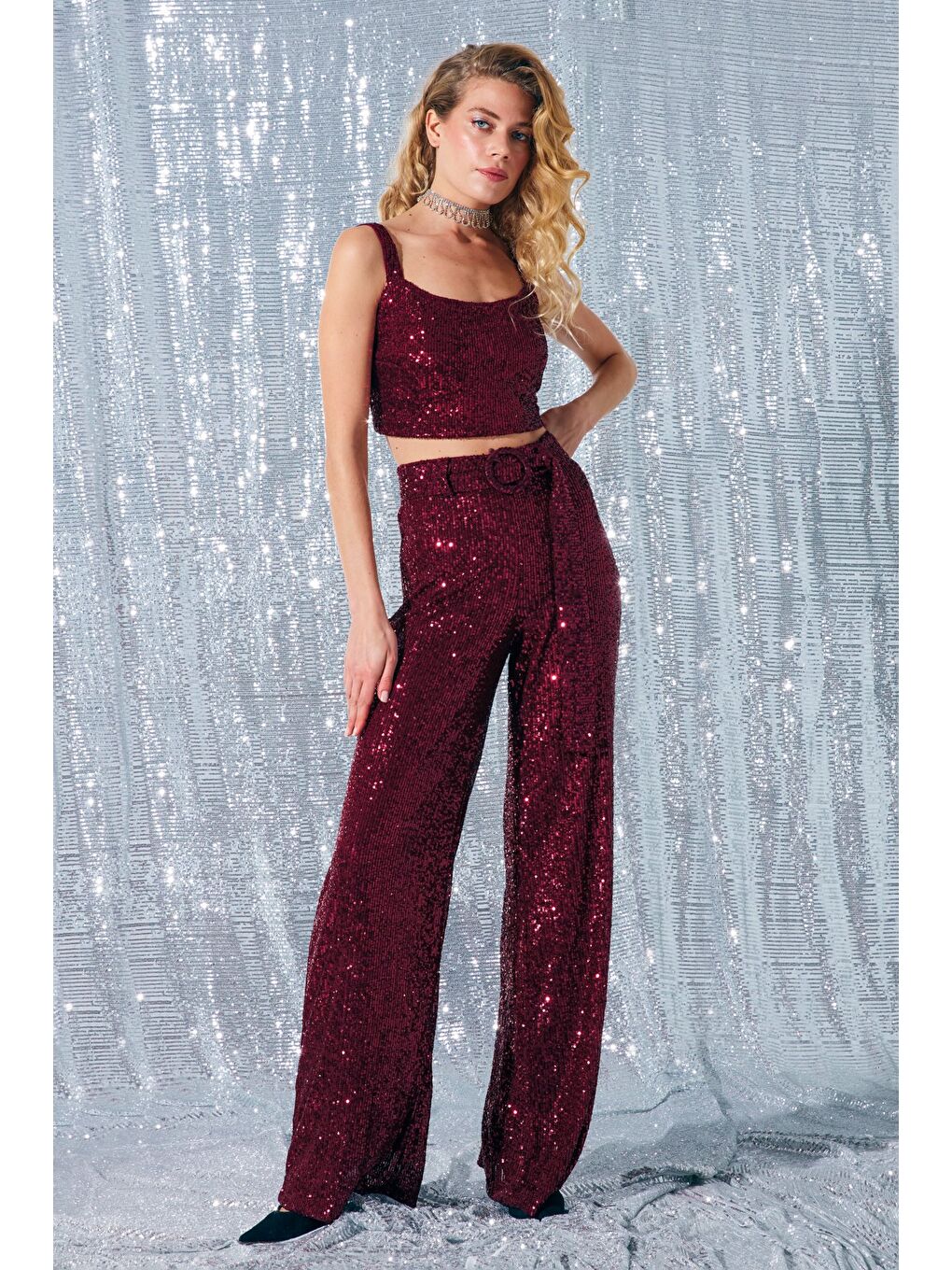 Kemerli Payet Pantolon - Bordo-3