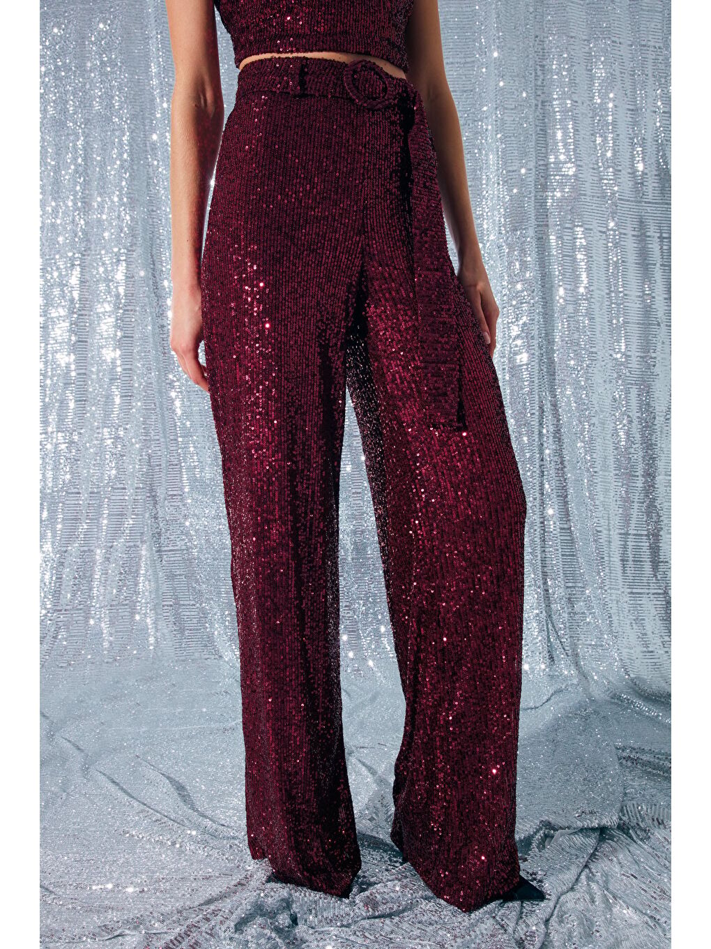 Kemerli Payet Pantolon - Bordo-4