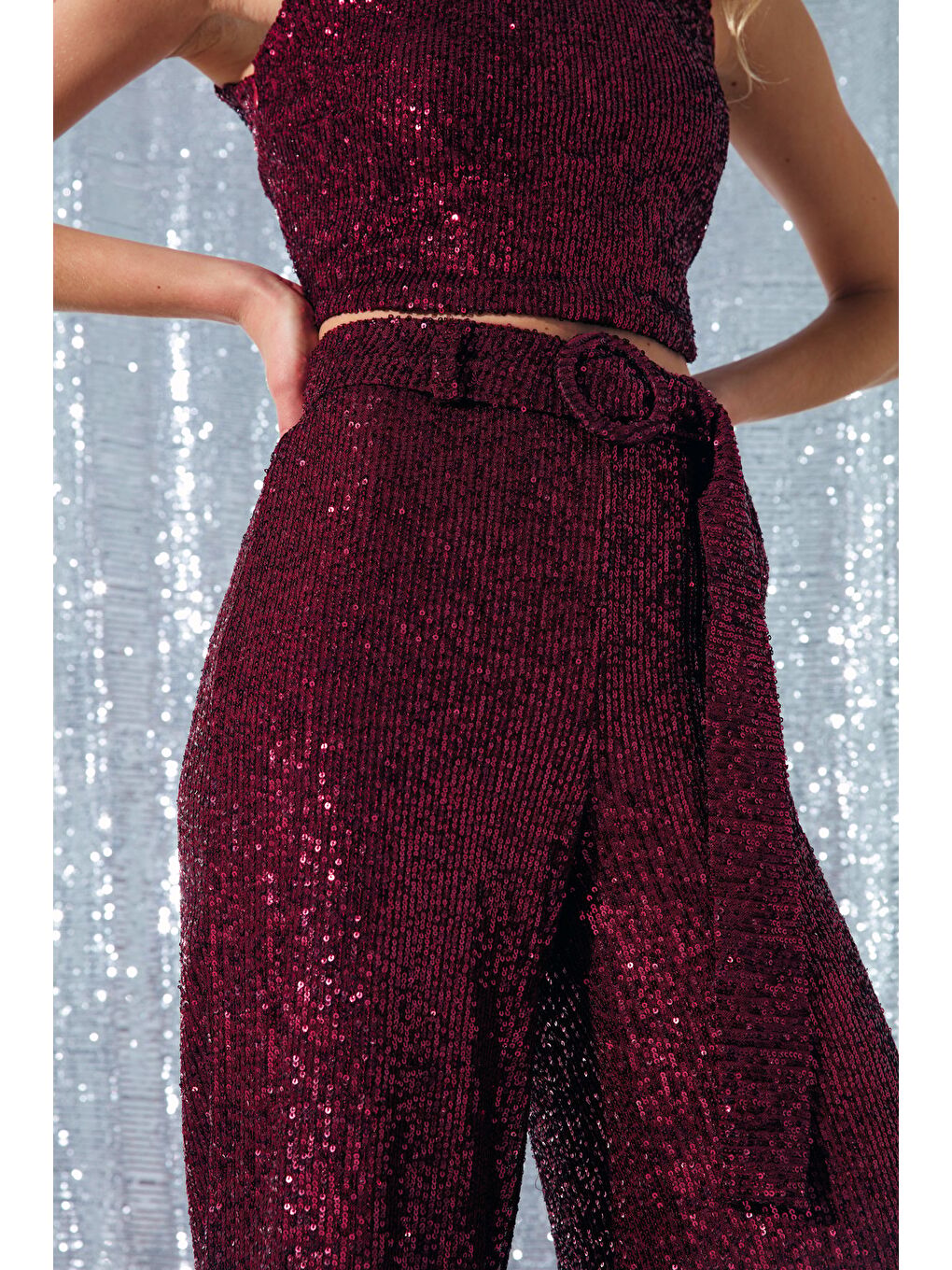 Kemerli Payet Pantolon - Bordo-5