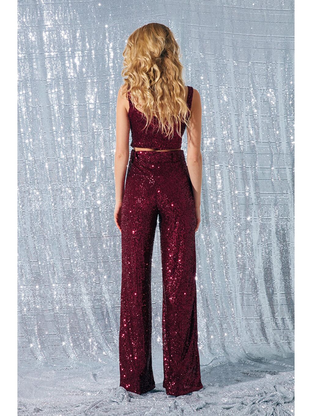Kemerli Payet Pantolon - Bordo-6
