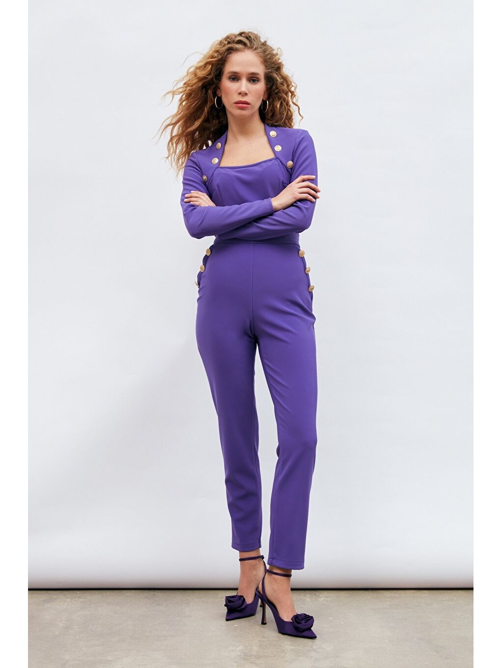 Düğme Detaylı Pantolon - Mor-1