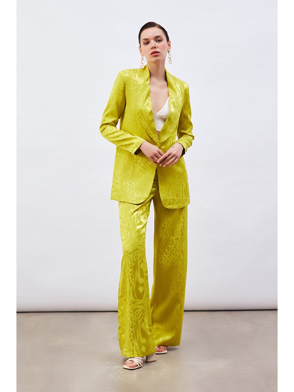 Desenli Saten Pantolon - Yağ Yeşili-1