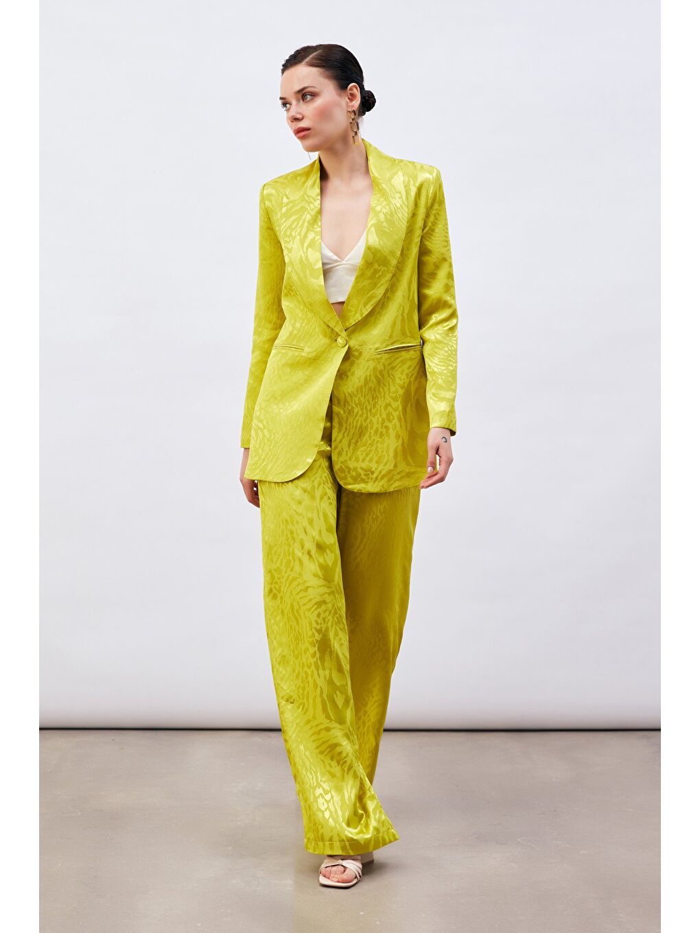 Desenli Saten Pantolon - Yağ Yeşili-2