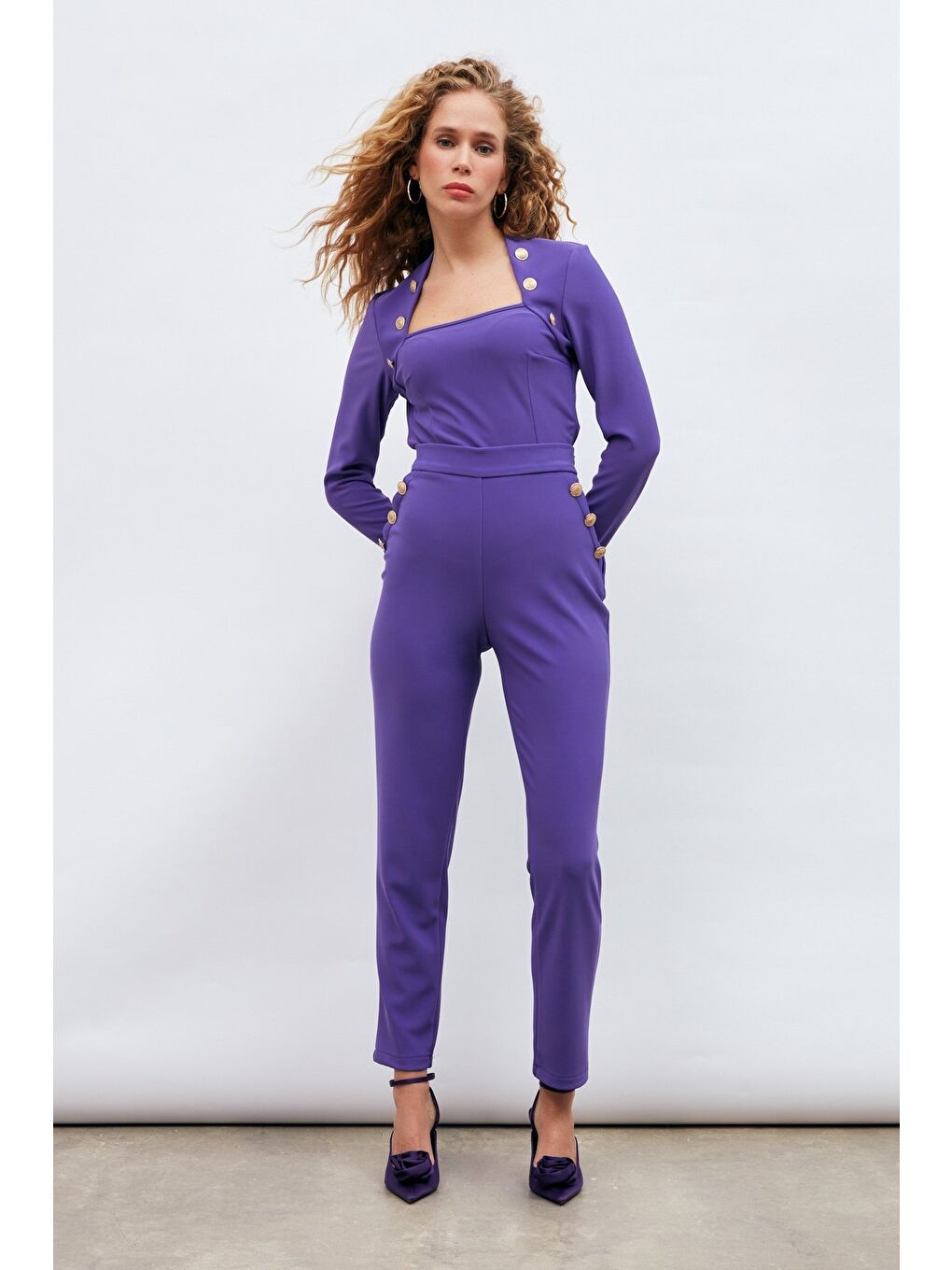 Düğme Detaylı Pantolon - Mor-2