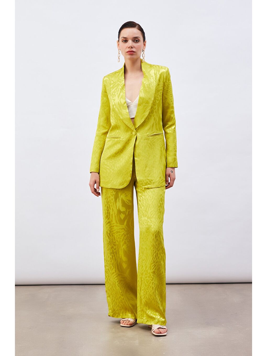 Desenli Saten Pantolon - Yağ Yeşili-3