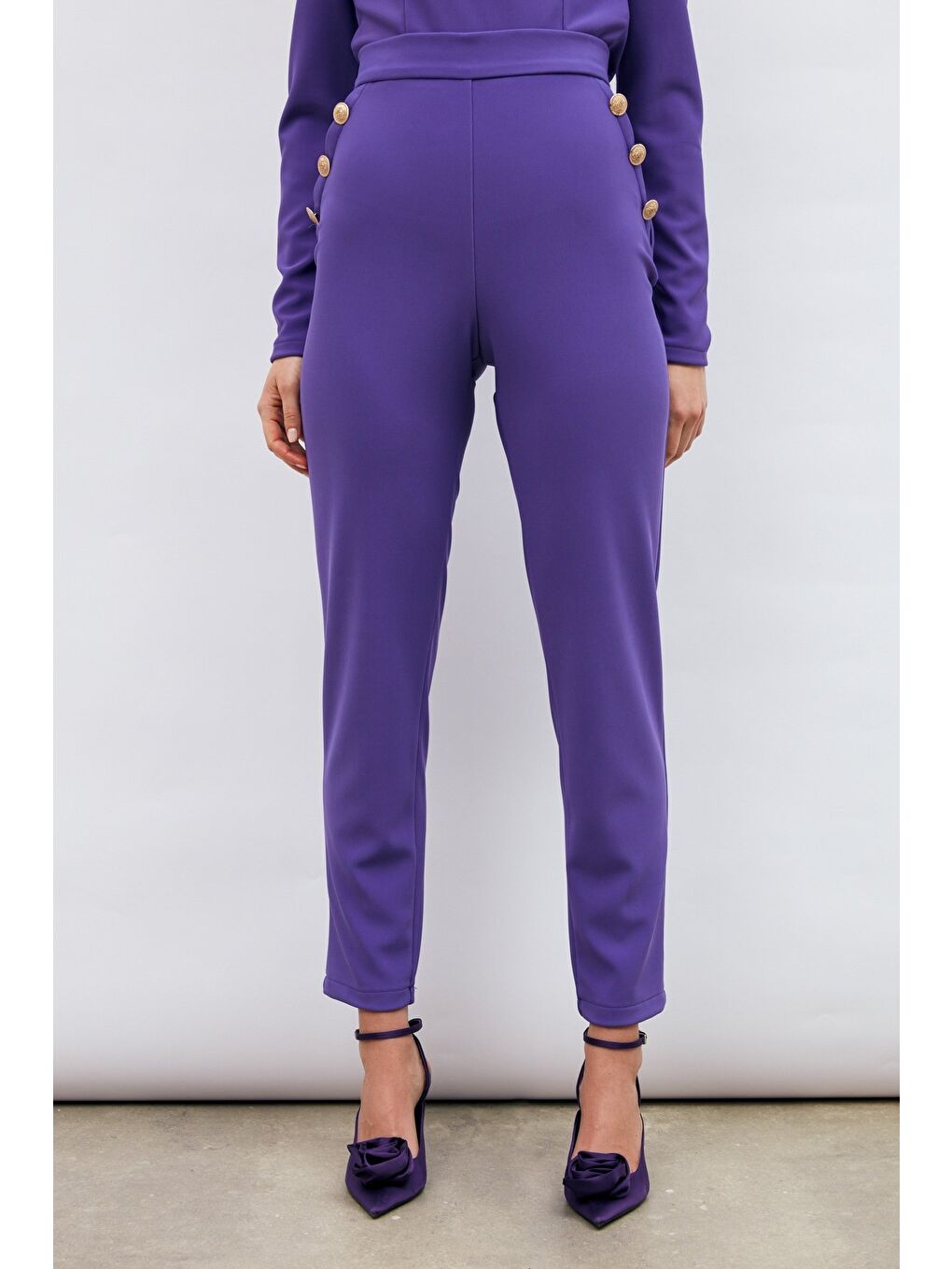 Düğme Detaylı Pantolon - Mor-3