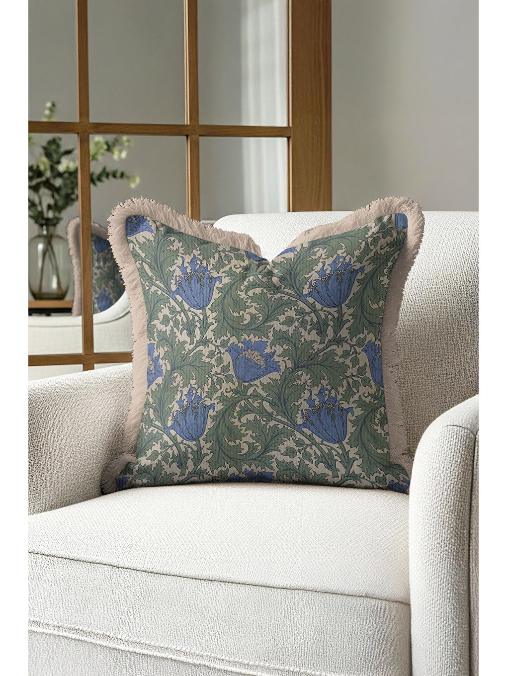 Karışık Lüks Vintage Saçaklı Yastık Kılıfı - Zarif Çiçek Motifli Rustik Mavi Yeşil Püsküllü Kırlent Kılıfı-3