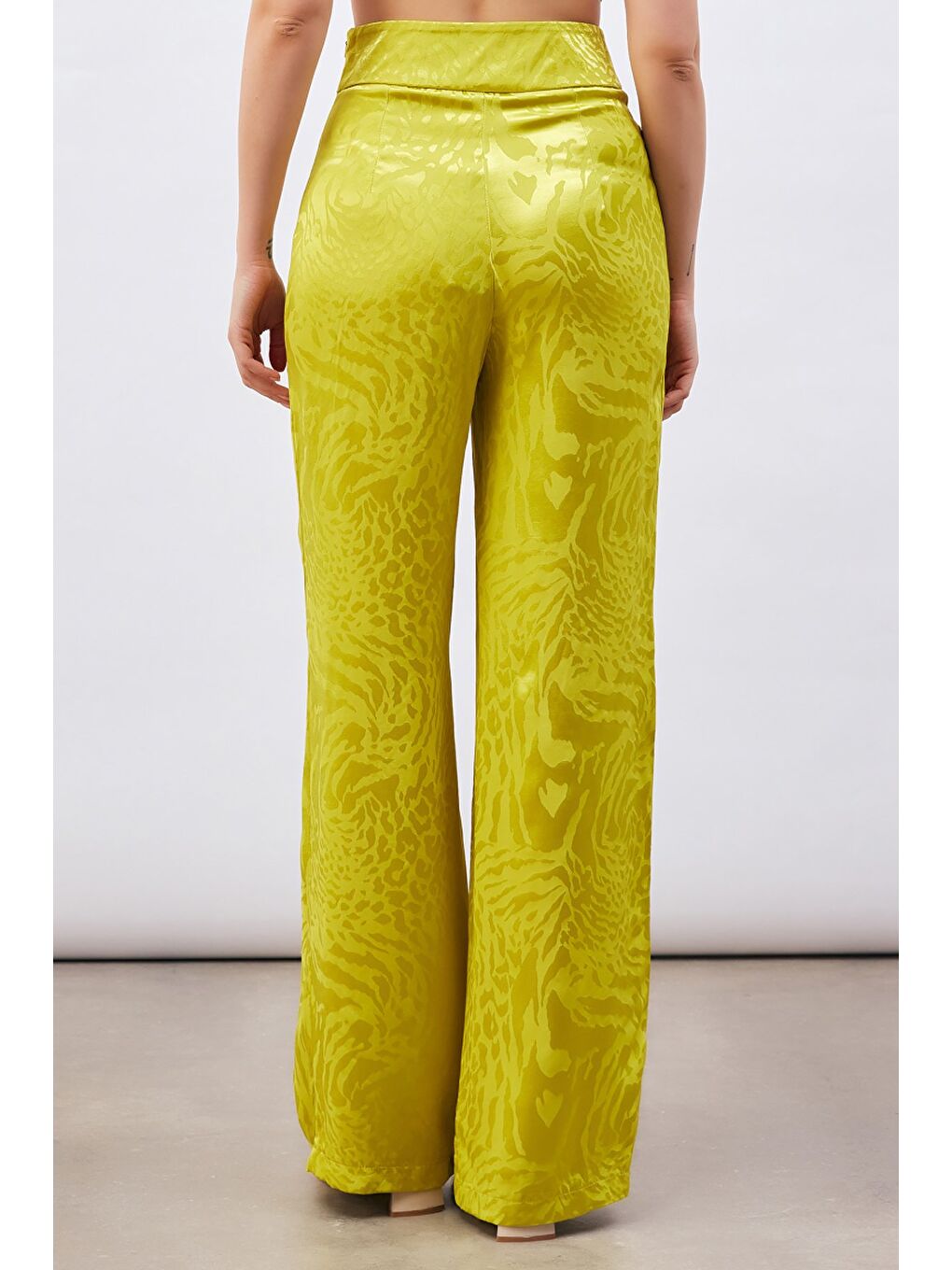 Desenli Saten Pantolon - Yağ Yeşili-6