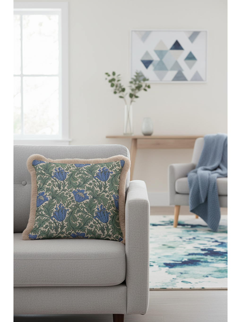 Karışık Lüks Vintage Saçaklı Yastık Kılıfı - Zarif Çiçek Motifli Rustik Mavi Yeşil Püsküllü Kırlent Kılıfı-4