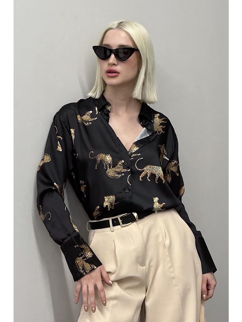 Leoparlı Siyah Saten Gömlek Mg187