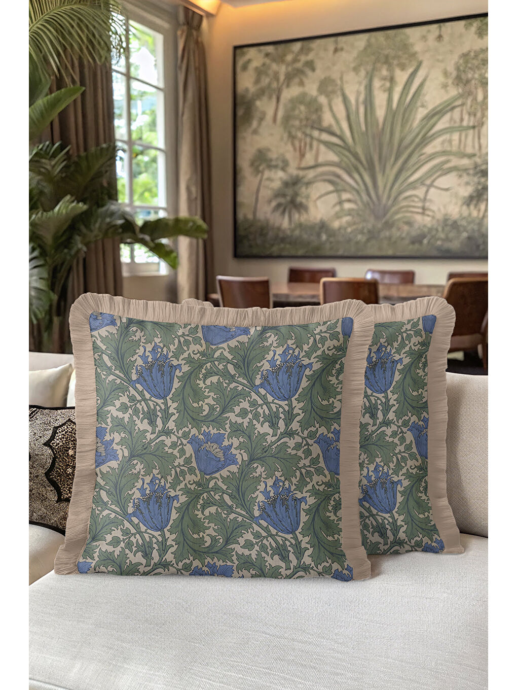 Karışık Lüks Vintage Saçaklı Yastık Kılıfı - Zarif Çiçek Motifli Rustik Mavi Yeşil Püsküllü Kırlent Kılıfı-5