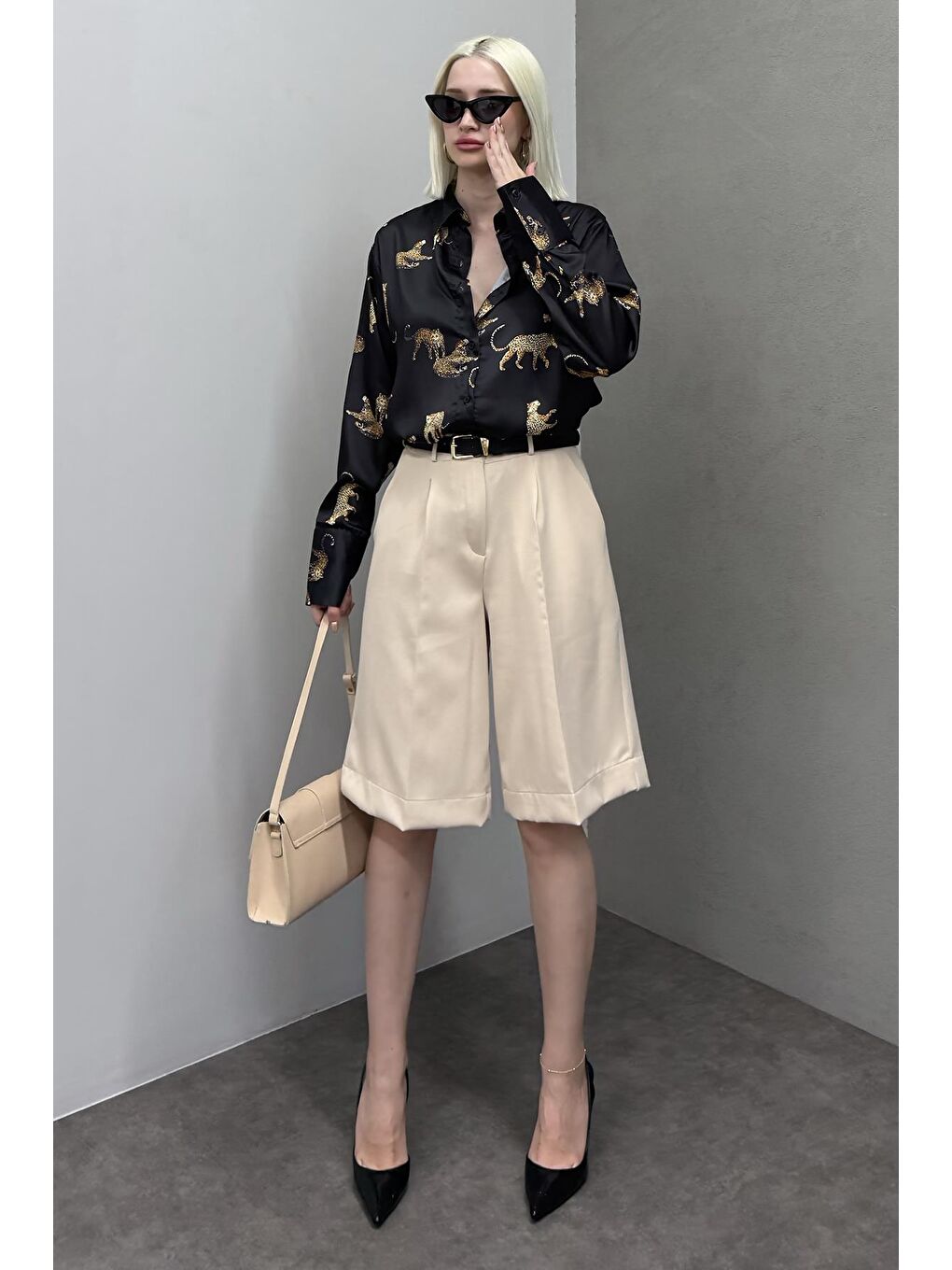 Leoparlı Siyah Saten Gömlek Mg187-1