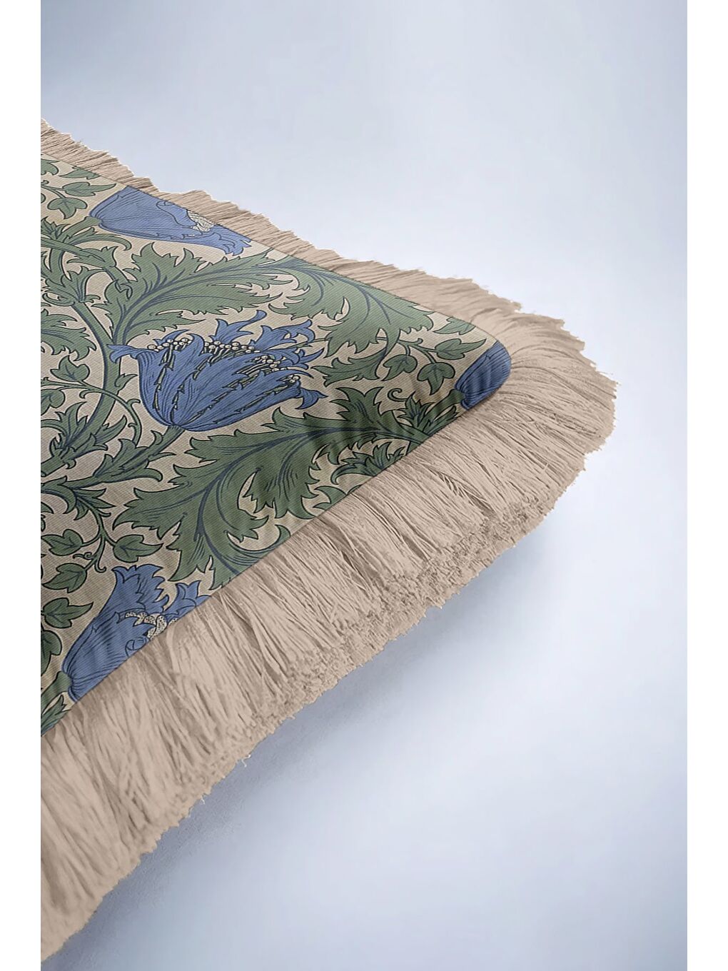 Karışık Lüks Vintage Saçaklı Yastık Kılıfı - Zarif Çiçek Motifli Rustik Mavi Yeşil Püsküllü Kırlent Kılıfı-6