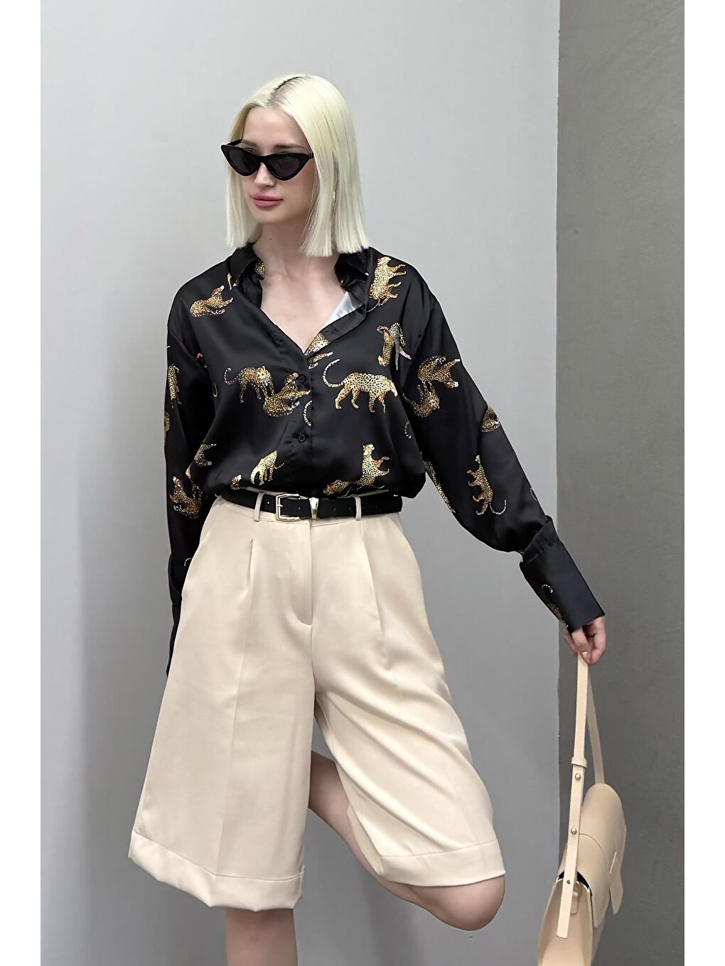 Leoparlı Siyah Saten Gömlek Mg187-3