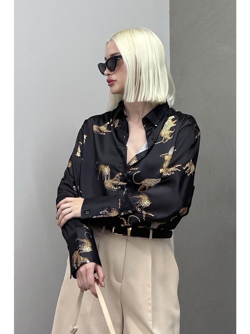 Leoparlı Siyah Saten Gömlek Mg187-5