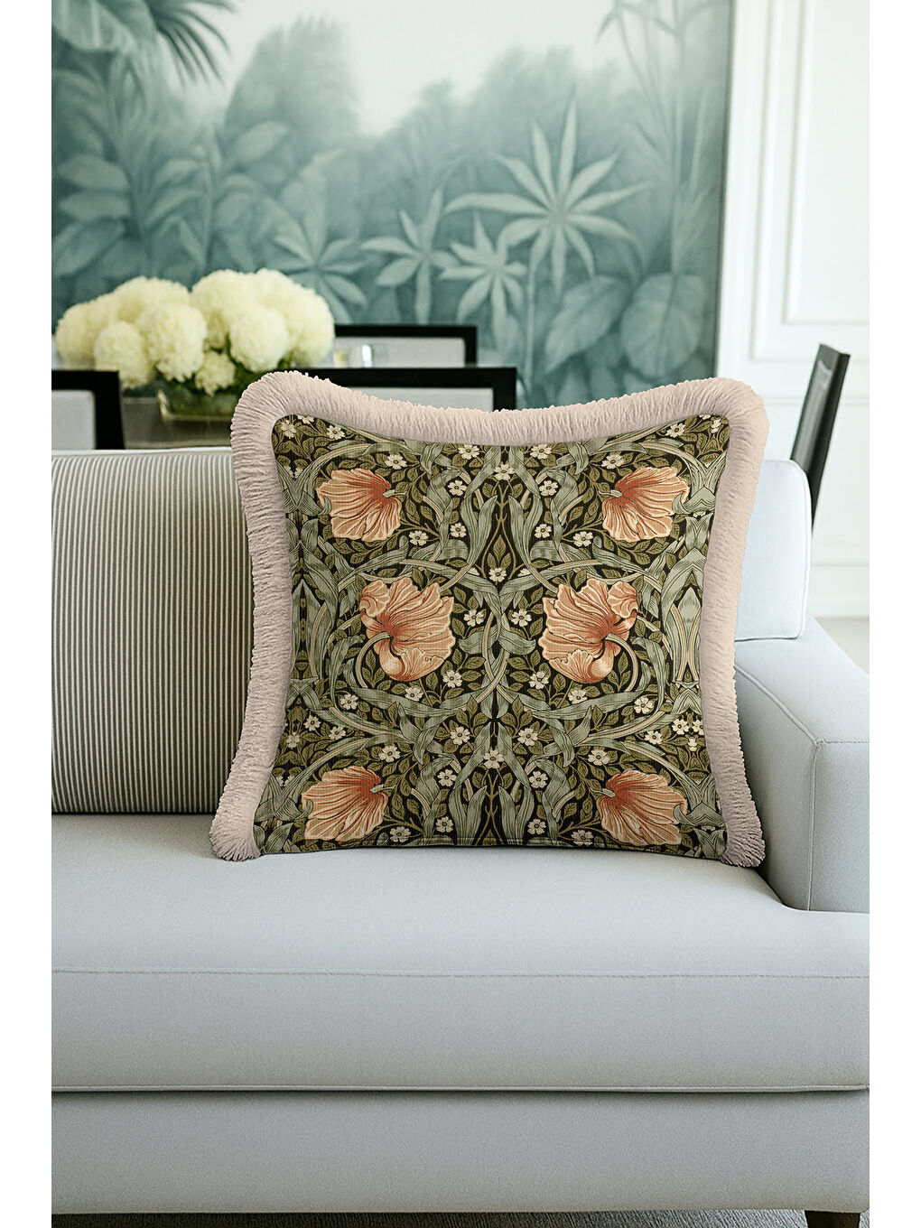Karışık Lüks Vintage Çiçekli Saçaklı Yastık Kılıfı - Zarif Bohem Yeşil Bej Püsküllü Kırlent Kılıfı-3