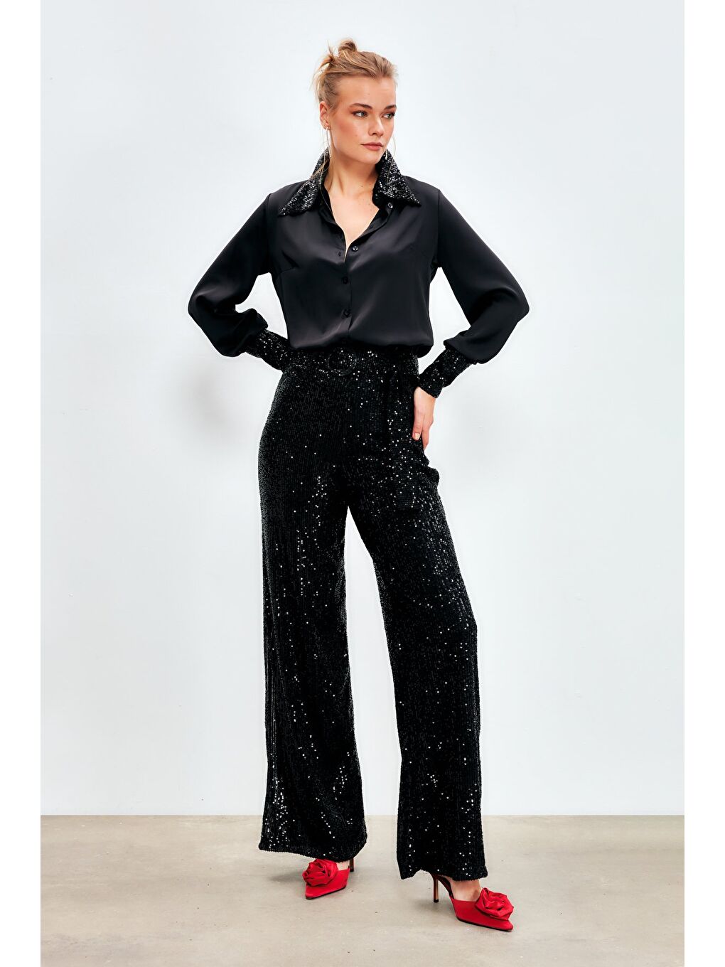 Kemerli Payet Pantolon - Siyah-1