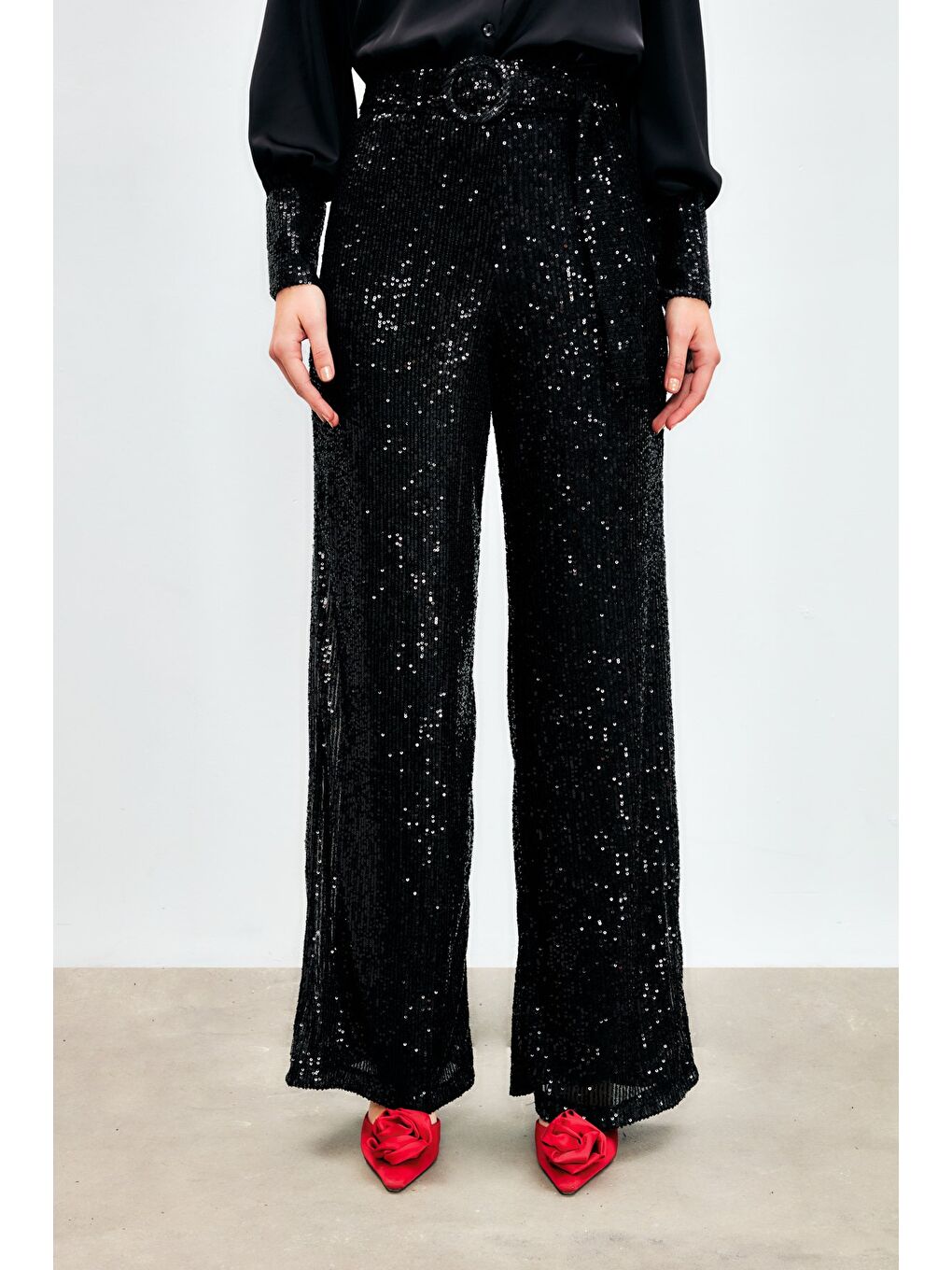 Kemerli Payet Pantolon - Siyah-2