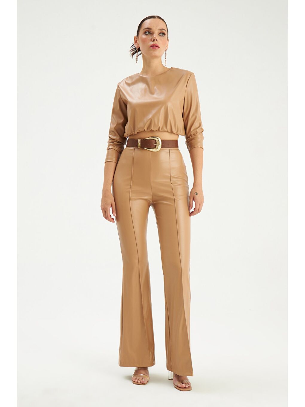 İspanyol Paça Deri Pantolon - Bej