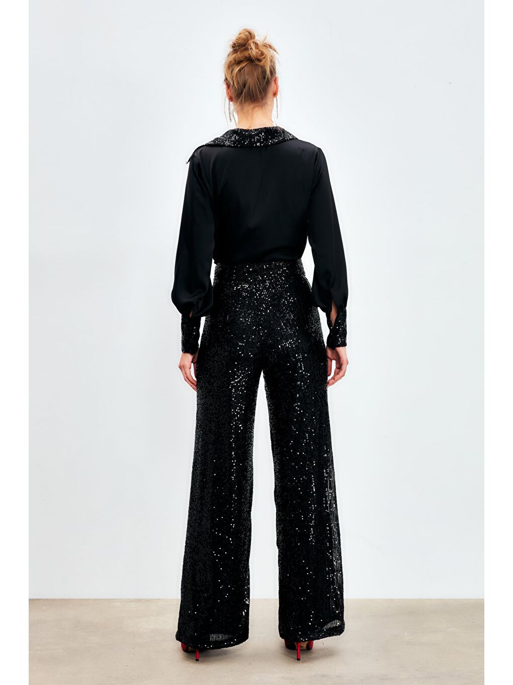 Kemerli Payet Pantolon - Siyah-4